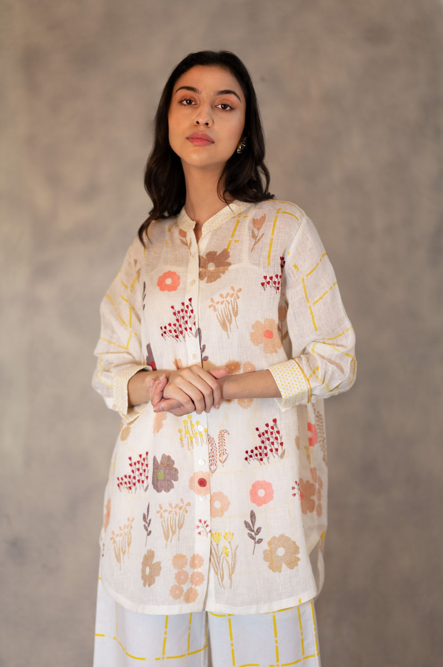 Hand Block Floral Print Long Shirt With Embroidery In Gauze Linen-Shirt-ARCVSH by Pallavi Singh
