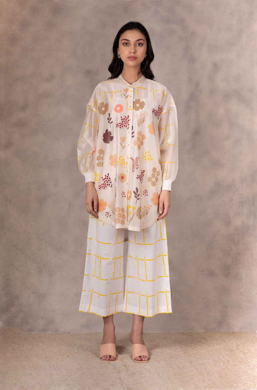 Ivory /Yellow Checkered Pants In Linen-Pants-ARCVSH by Pallavi Singh