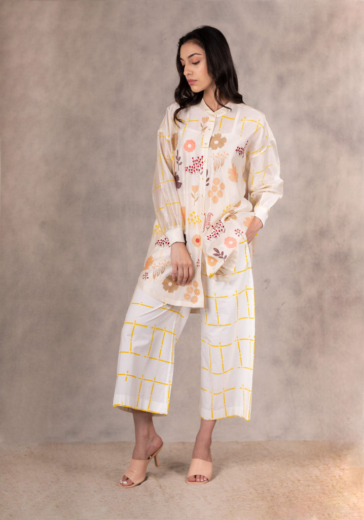 Ivory /Yellow Checkered Pants In Linen-Flared Pants-ARCVSH by Pallavi Singh