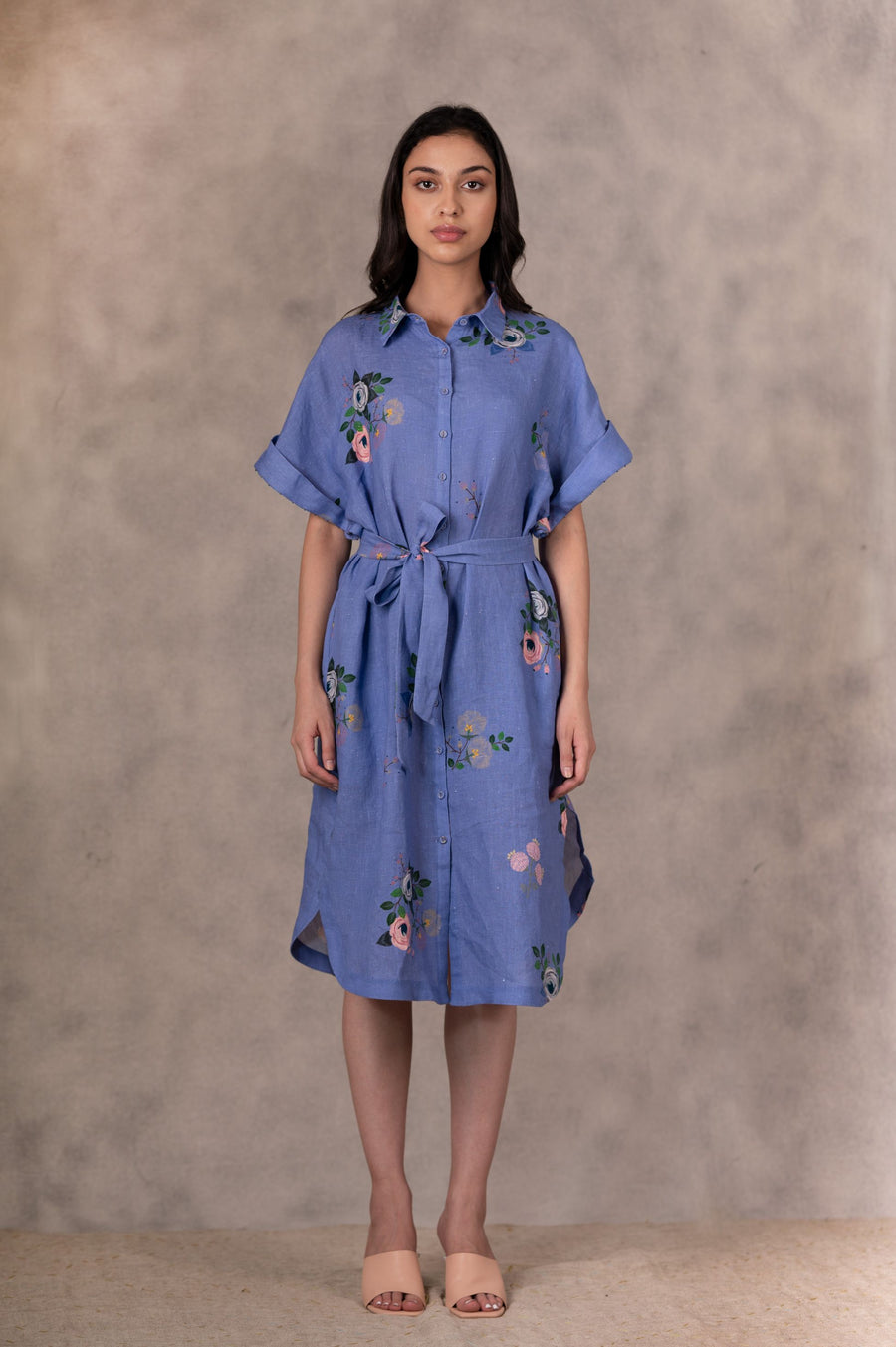 Twilight Eden Print Shirt Dress In Linen With Hand Embroidery Details-Shirt Dress-ARCVSH by Pallavi Singh