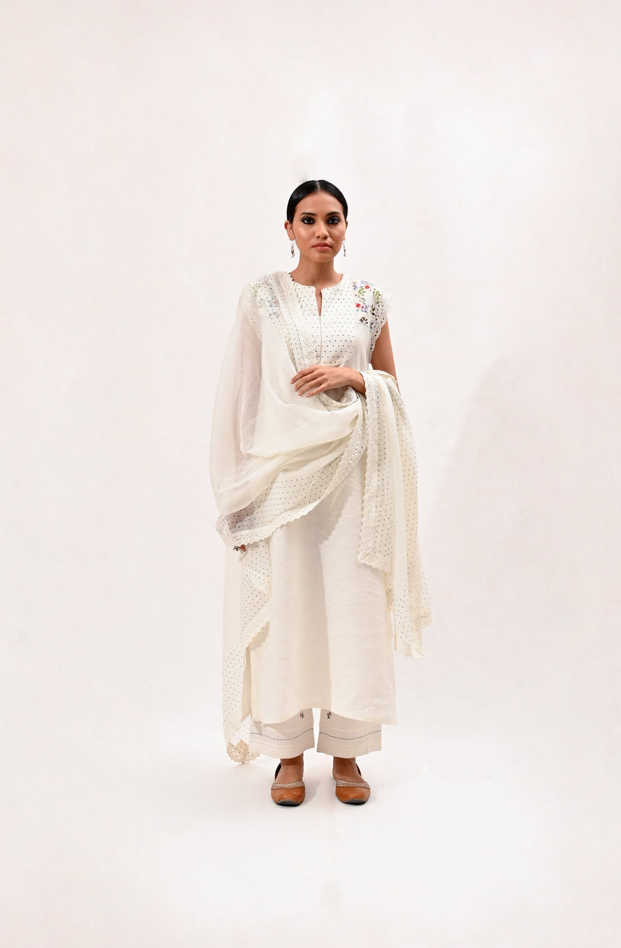 Multi Block Printed Side Gather Ivory Kurta Set-Full Set-ARCVSH by Pallavi Singh