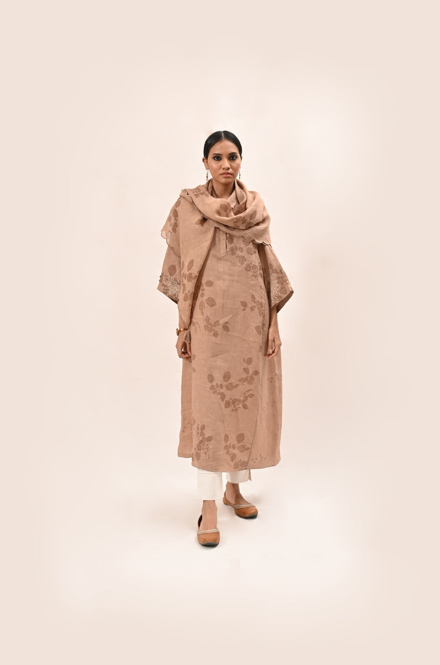 Almond Printed Linen Kurta Set-Full Set-ARCVSH by Pallavi Singh