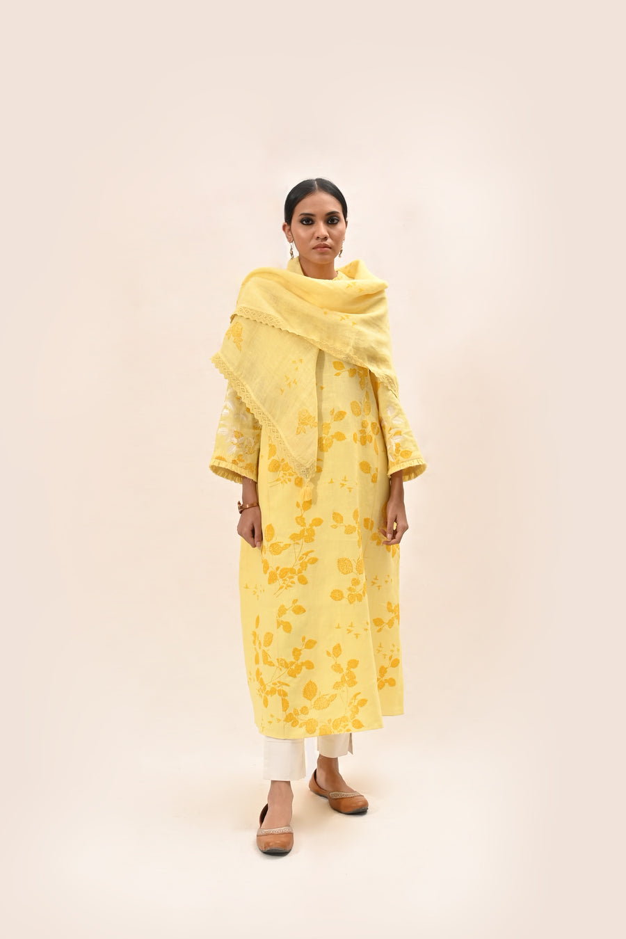Yellow Printed Linen Kurta Set-Full Set-ARCVSH by Pallavi Singh