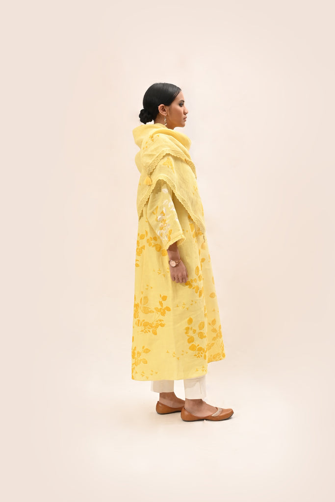 Yellow Printed Linen Kurta Set-Full Set-ARCVSH by Pallavi Singh