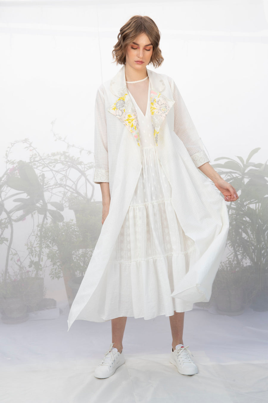 Ivory Textured Cotton Tiered Dress-Dress-ARCVSH by Pallavi Singh