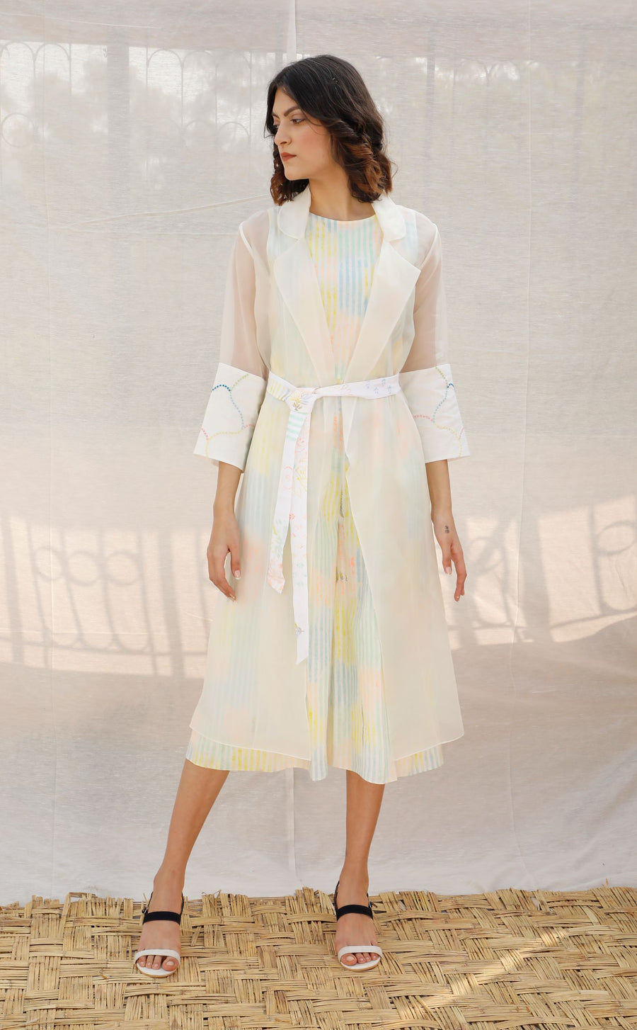 Ivory With Multi Color Print Jumpsuit And Organza Jacket Set-Full Set-ARCVSH by Pallavi Singh