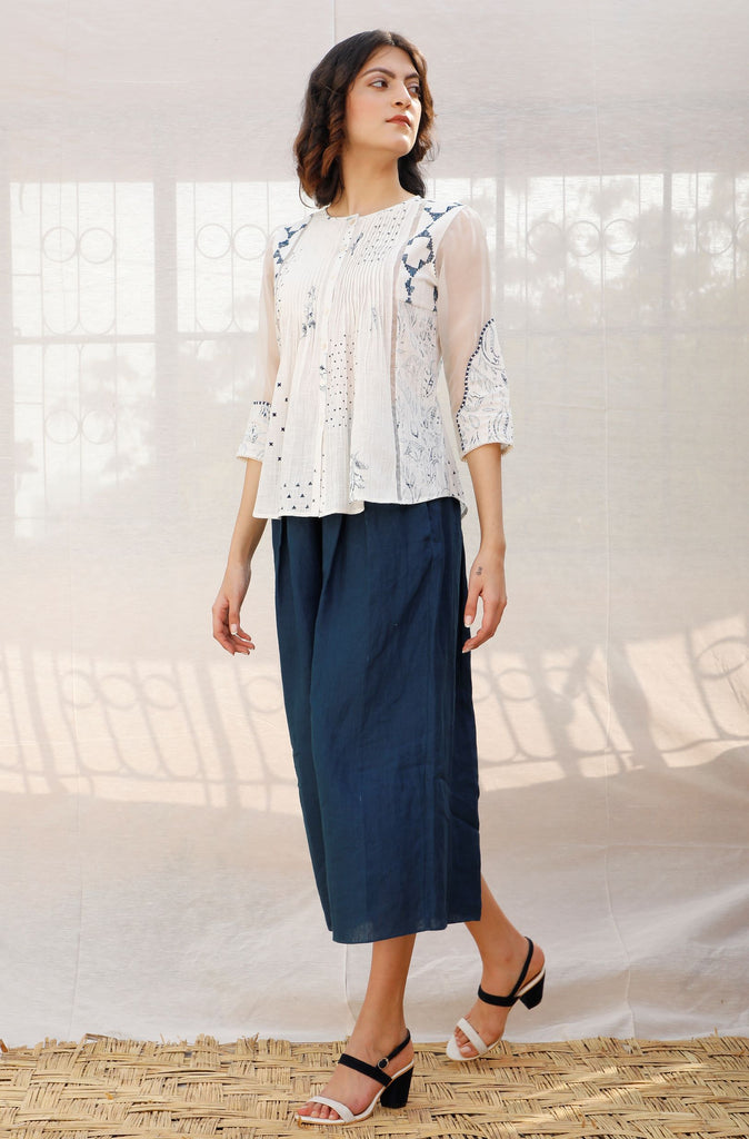 Ivory Front Pleated Printed Cotton Top with Indigo print-Top-ARCVSH by Pallavi Singh