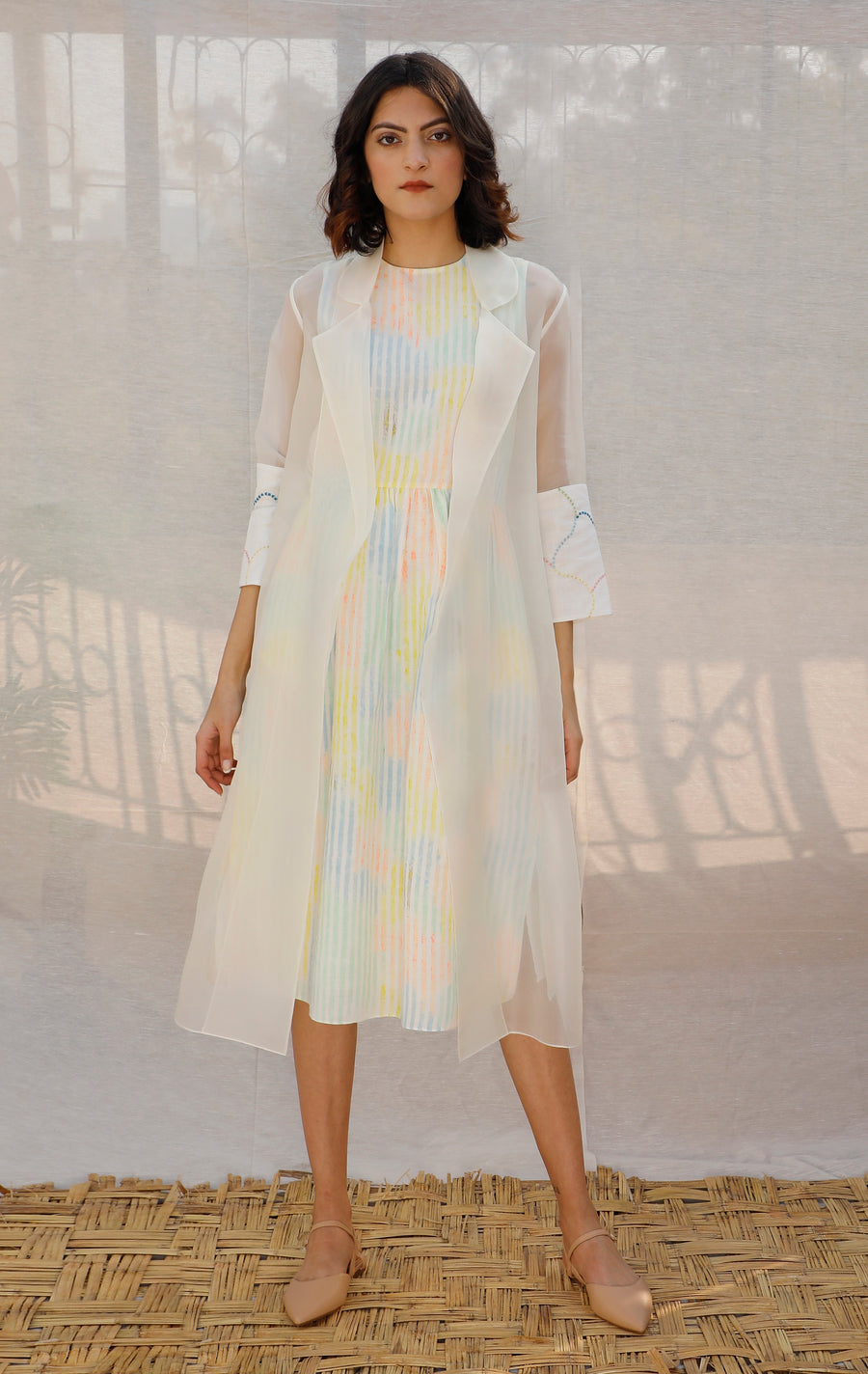 Ivory Stripe Printed Linen Dress With Organza Long Jacket-Dress-ARCVSH by Pallavi Singh
