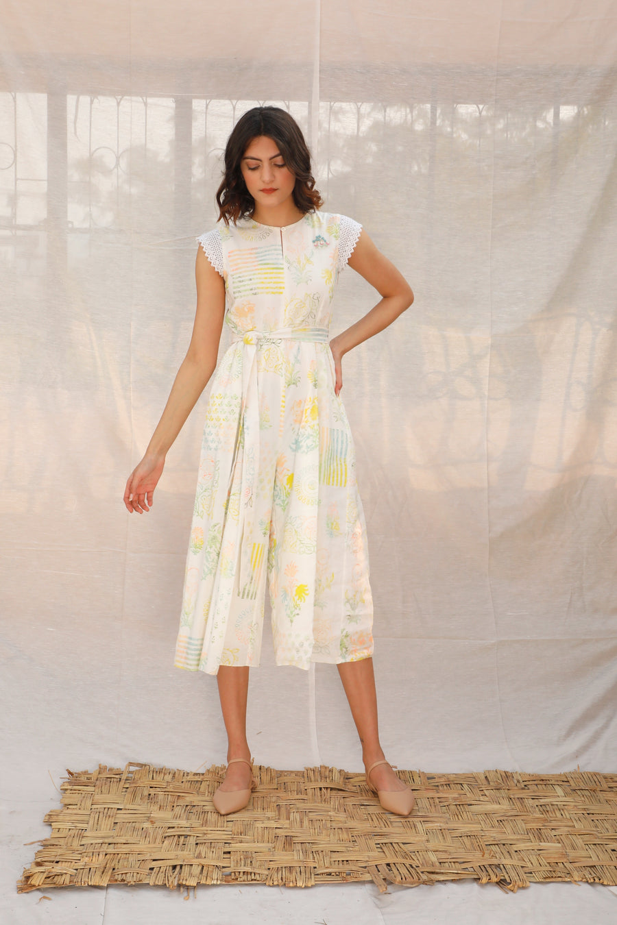 Ivory Printed Linen Jumpsuit-Jumpsuit-ARCVSH by Pallavi Singh