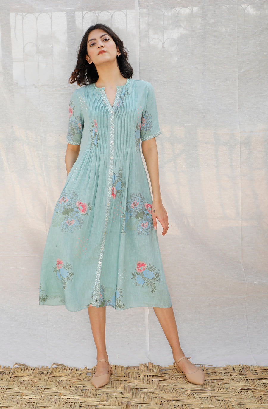 Mint Printed And Embroidered Linen Slip Dress-Dress-ARCVSH by Pallavi Singh