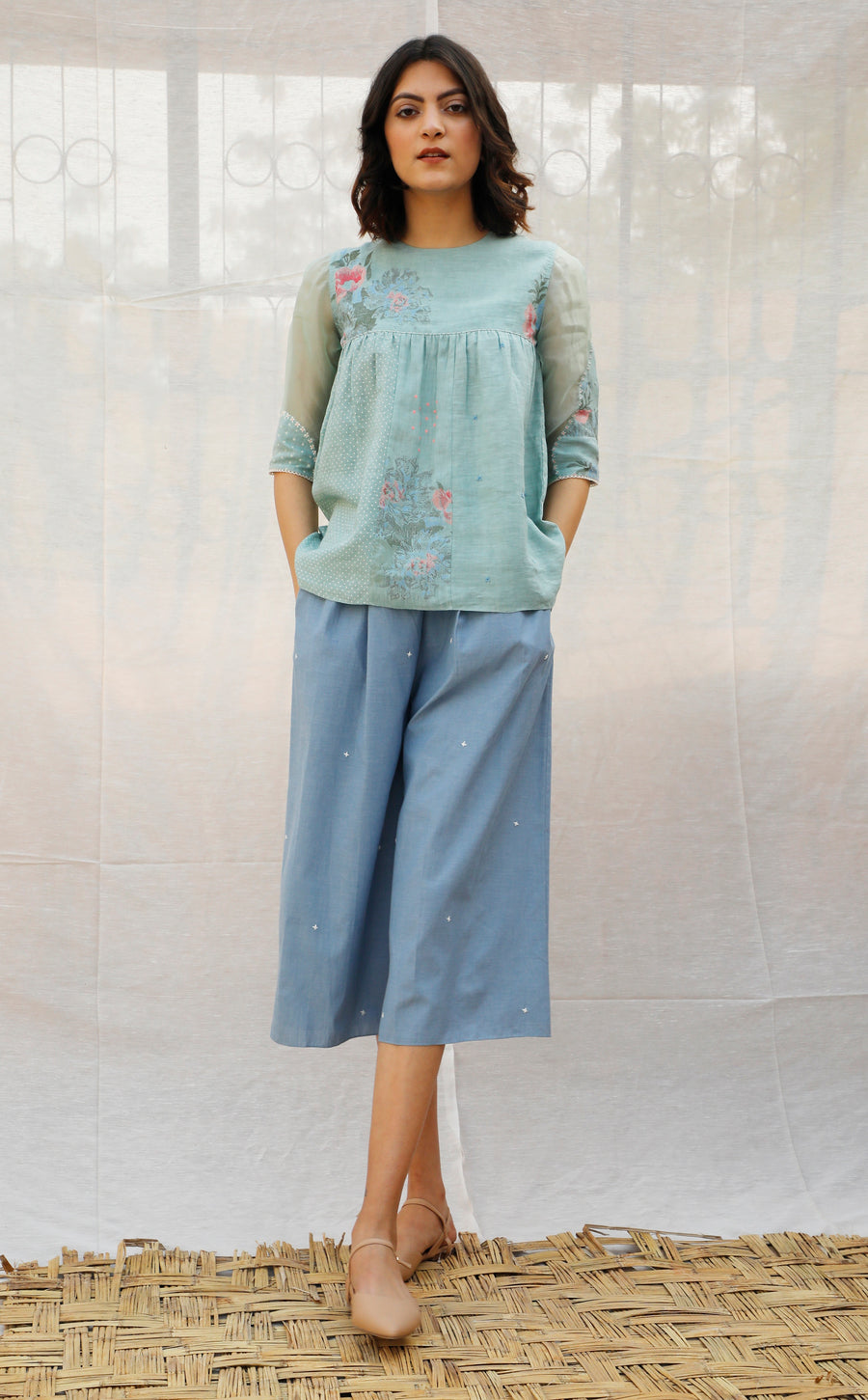 Mint Green Multi Printed Panelled Linen Top-Top-ARCVSH by Pallavi Singh