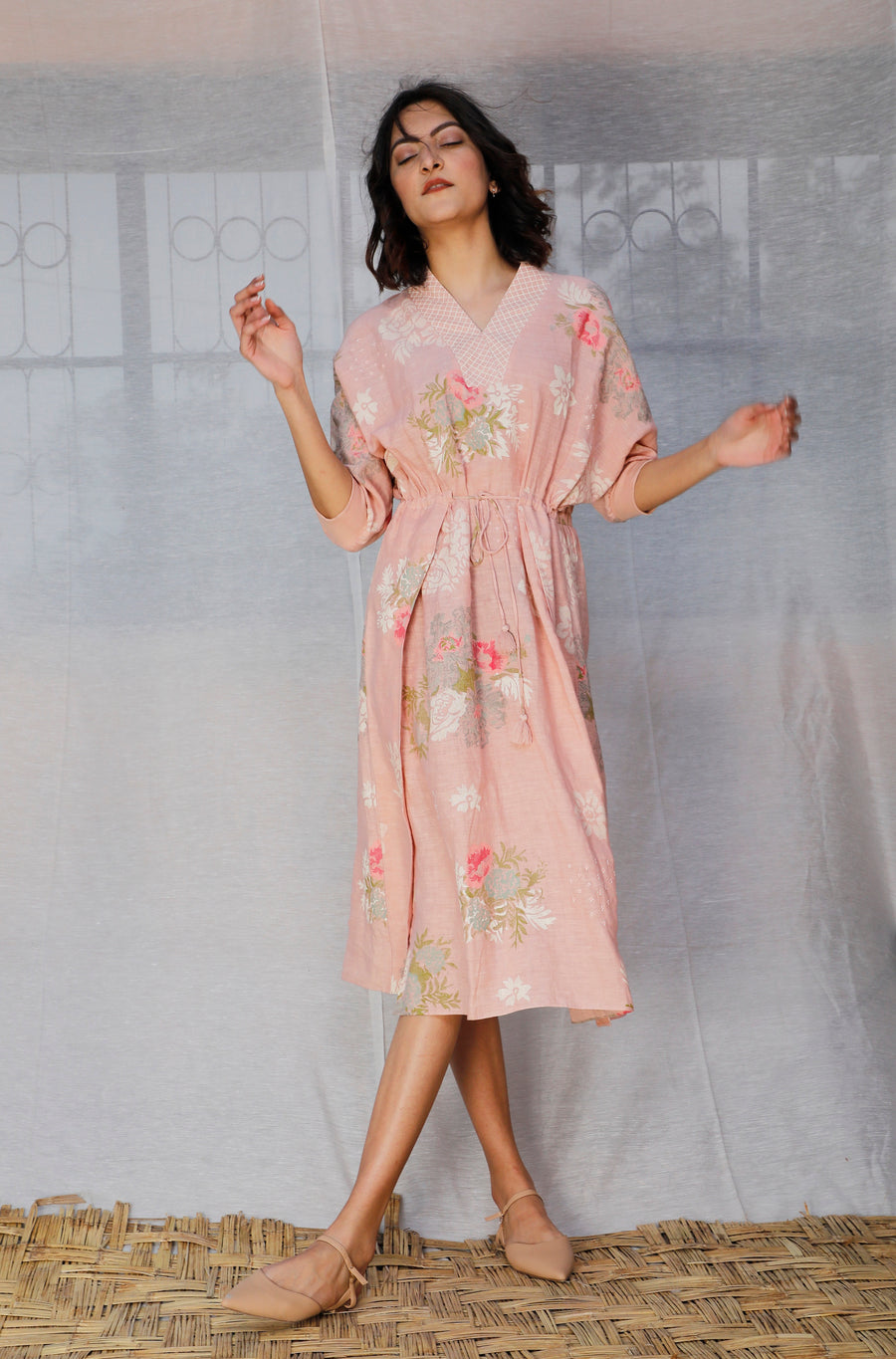 Roses Printed Linen Slip Dress-Dress-ARCVSH by Pallavi Singh