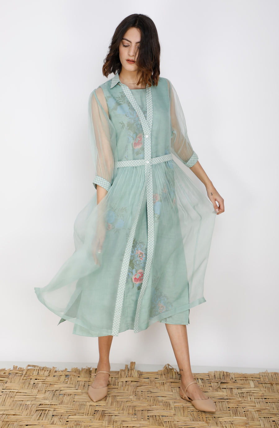 Mint Double Layer Organza And Linen Dress-Dress-ARCVSH by Pallavi Singh