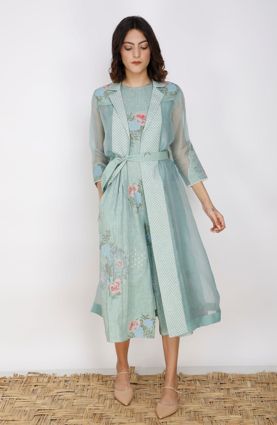 Mint Printed Jumpsuit And Jacket Set In Linen And Organza-Full Set-ARCVSH by Pallavi Singh