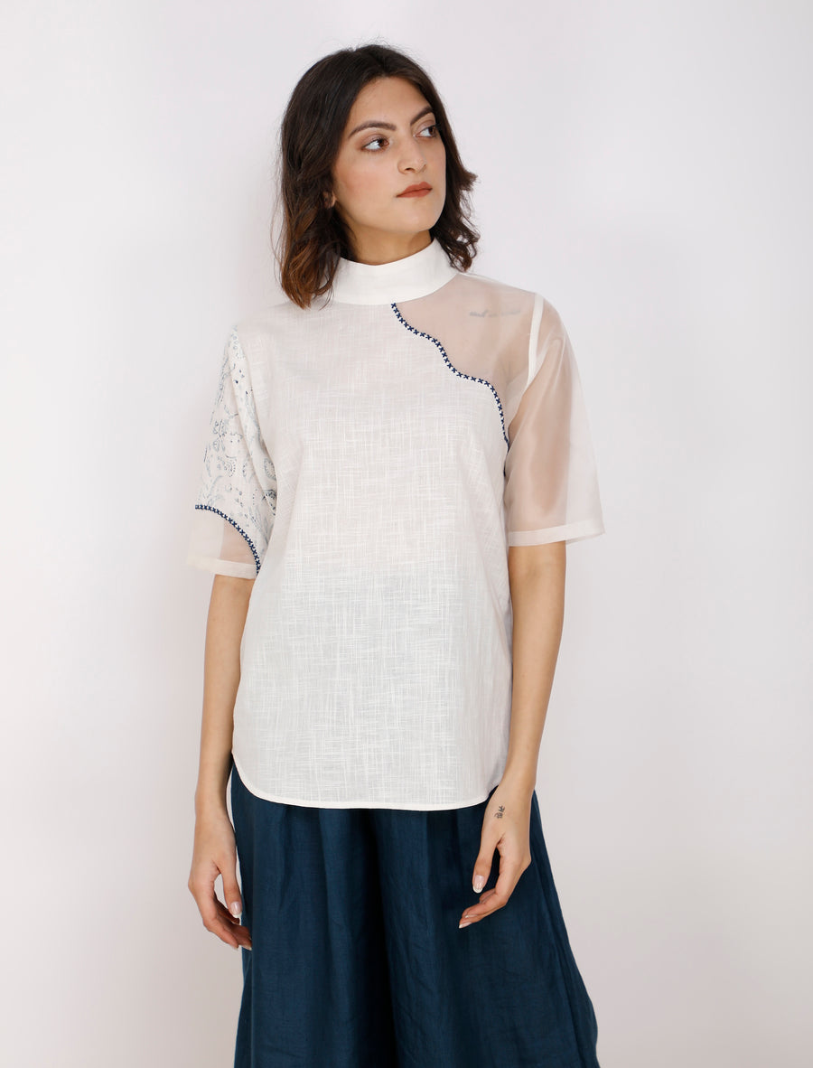 Ivory With Indigo Print Peeping Shoulder Cotton Top-Top-ARCVSH by Pallavi Singh