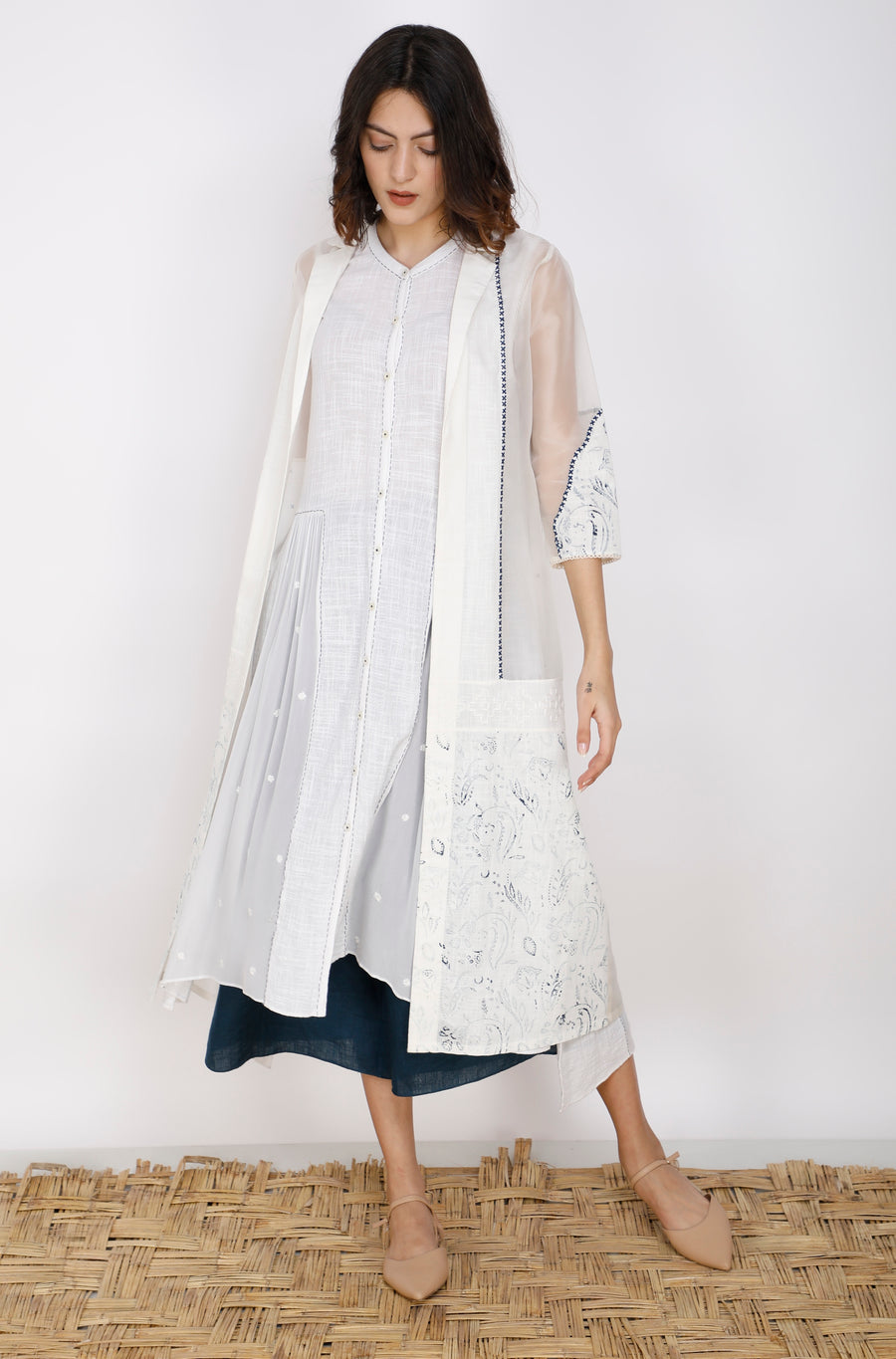 Ivory with Indigo Print Multi Paneled Jacket And Tunic Set-Full Set-ARCVSH by Pallavi Singh
