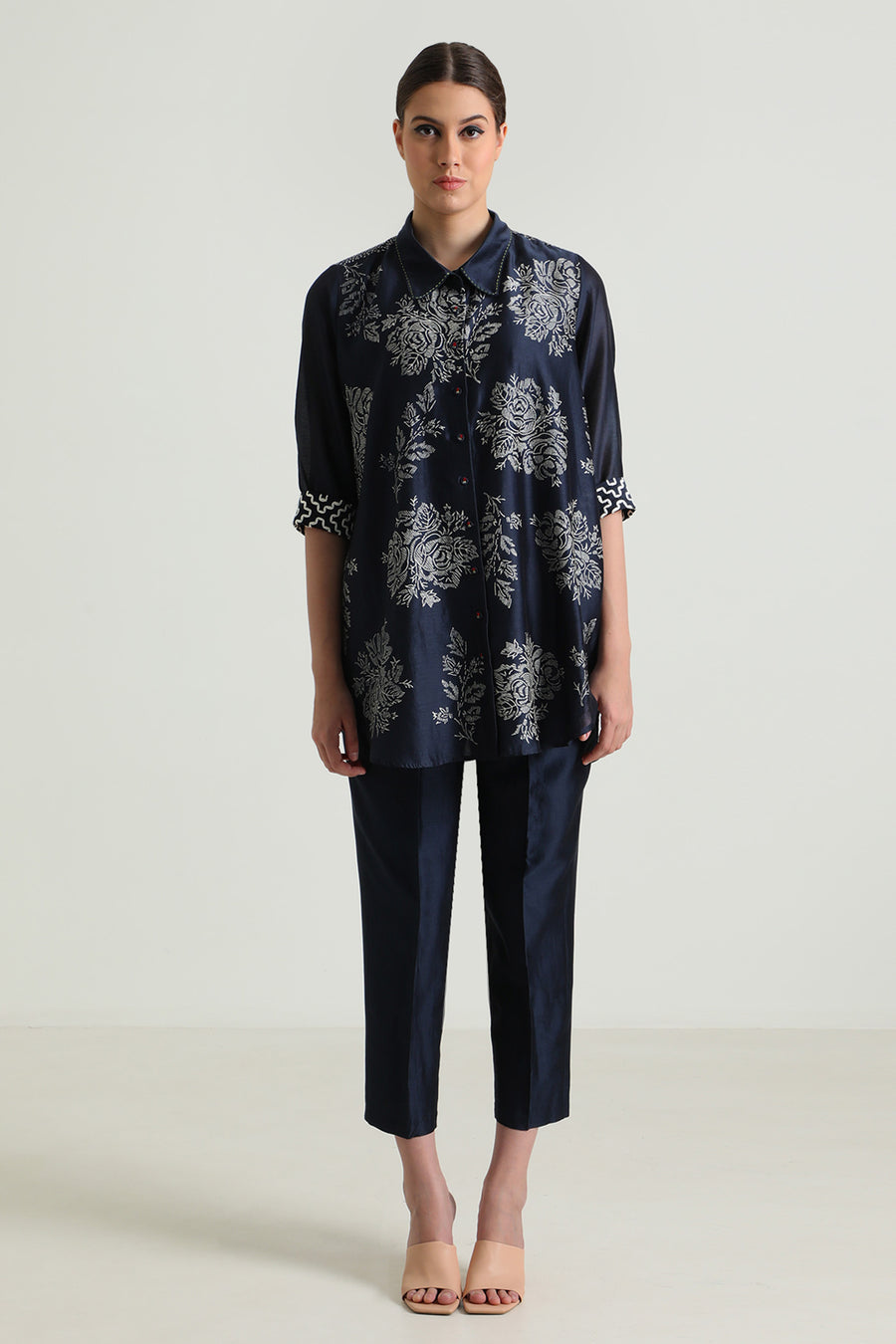 Indigo Wild Weed Shirt in Silk Chanderi With Embroidery and Straight Pant in Silk Chanderi