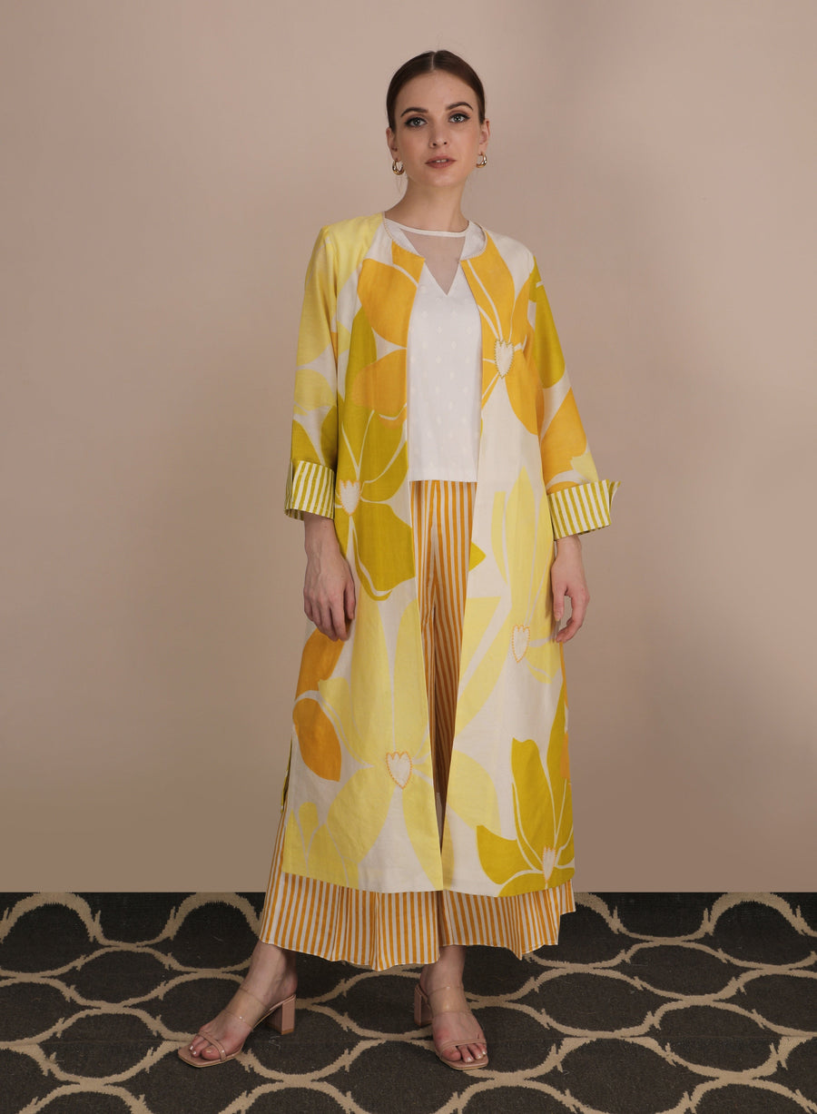 Lotus Print Jacket With Self Textured Top +Stripe Cullotes-Full Set-ARCVSH by Pallavi Singh