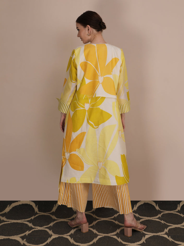 Lotus Print Jacket With Self Textured Top +Stripe Cullotes-Full Set-ARCVSH by Pallavi Singh