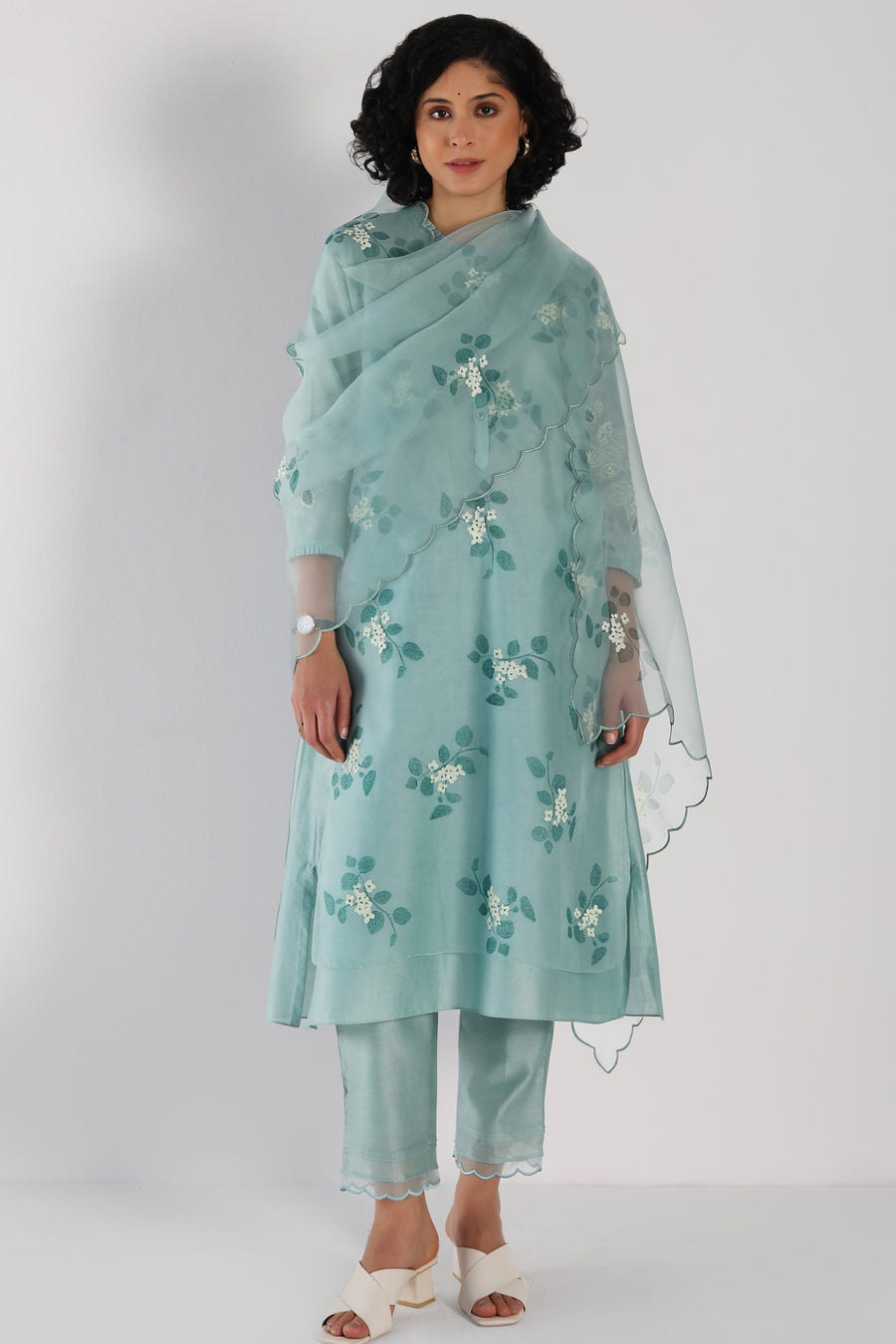 Mint Tunic in Sakura Print Tonal Double Layered  In Organza And Silk Chanderi And Silk Chanderi Pant