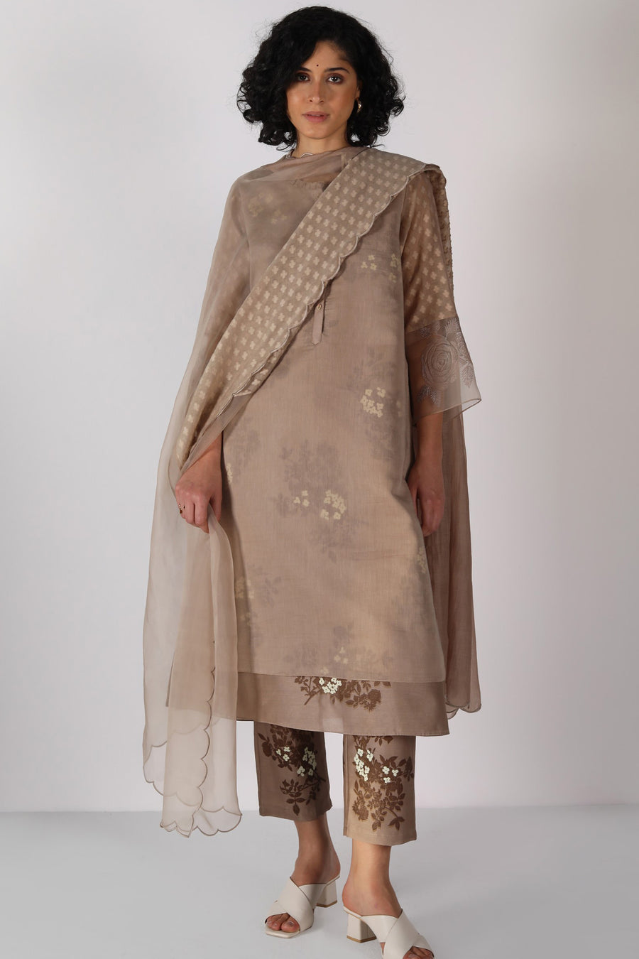 Tonal Yuri Print Double Layered Tunic In Cotton Chanderi And Silk Chanderi And Silk Chanderi Pants