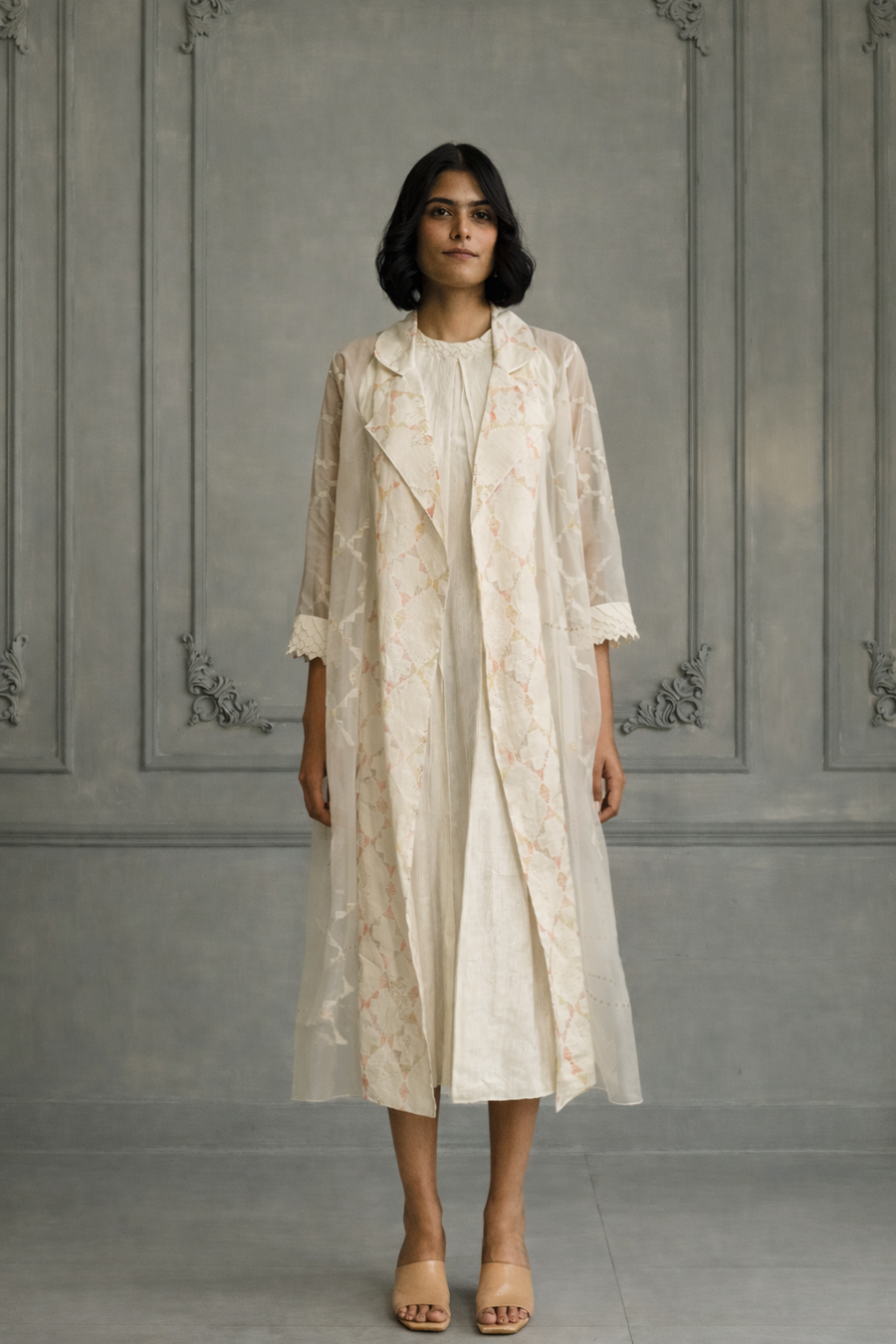 Ivory Applique Work / Embroidered And Porcupine Sleeves Organza Jacket With Linen And Organza Dress