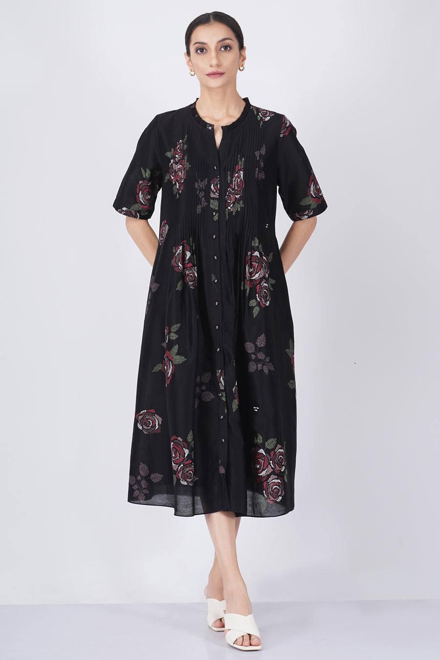 Multicolor rose printed pleated dress