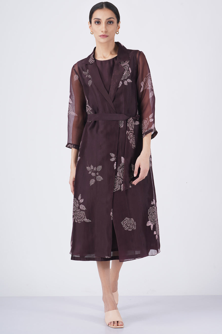 Grape rose print organza jacket with solid dress
