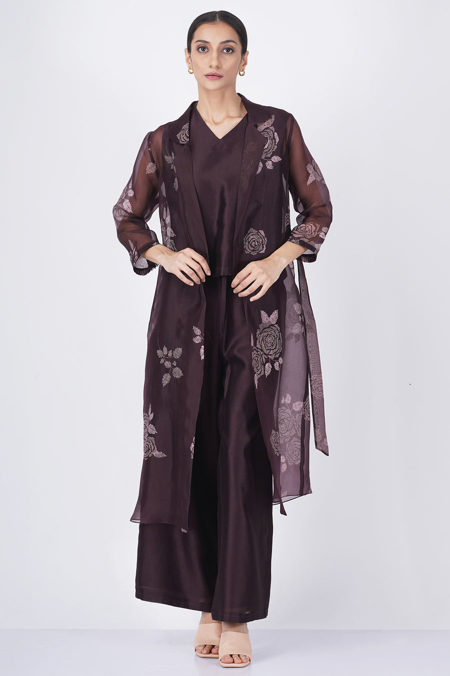 V neck top with flare pants and jacket