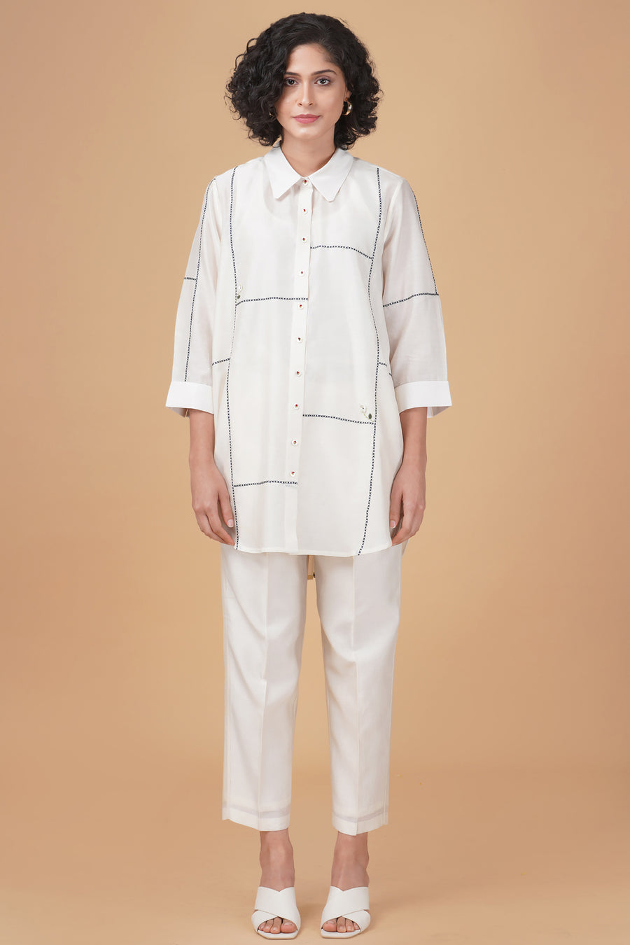 Cross stitch embroidery shirt in silk chanderi and straight pant in silk chanderi
