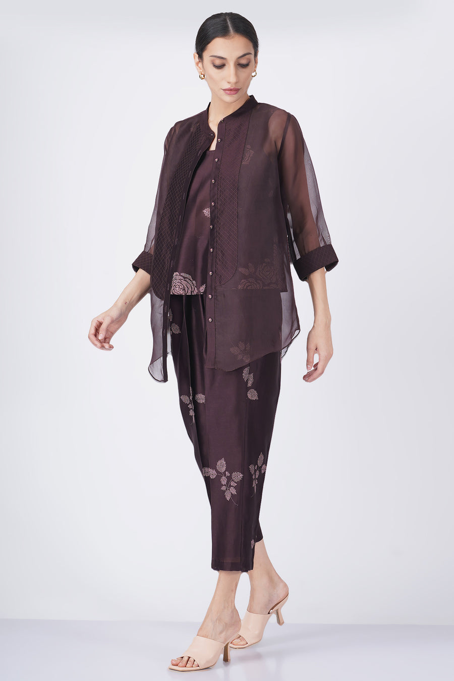 Pink rose sreen printed sleevless co ords with organza shirt