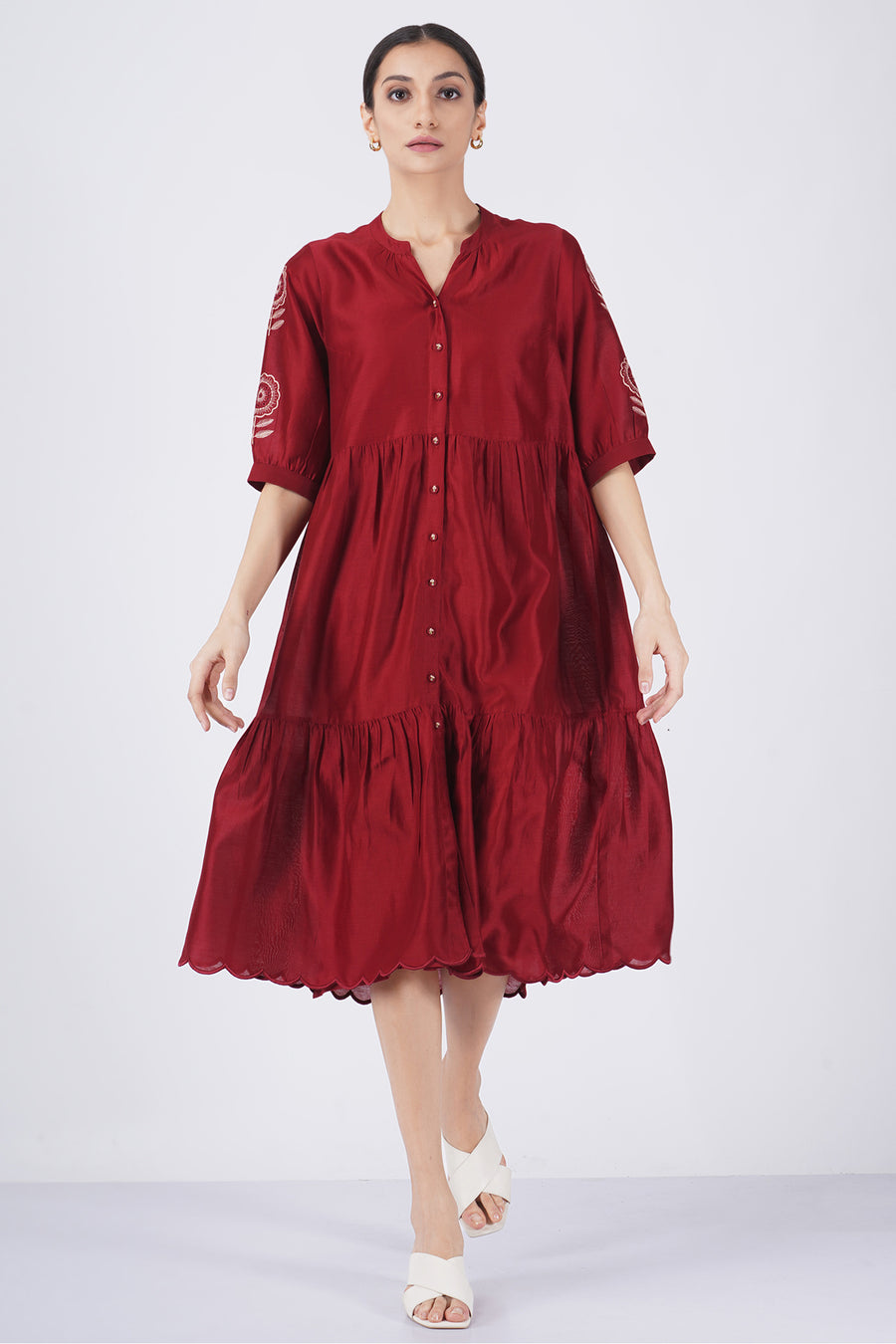 Sunflower embroidered front open tier dress