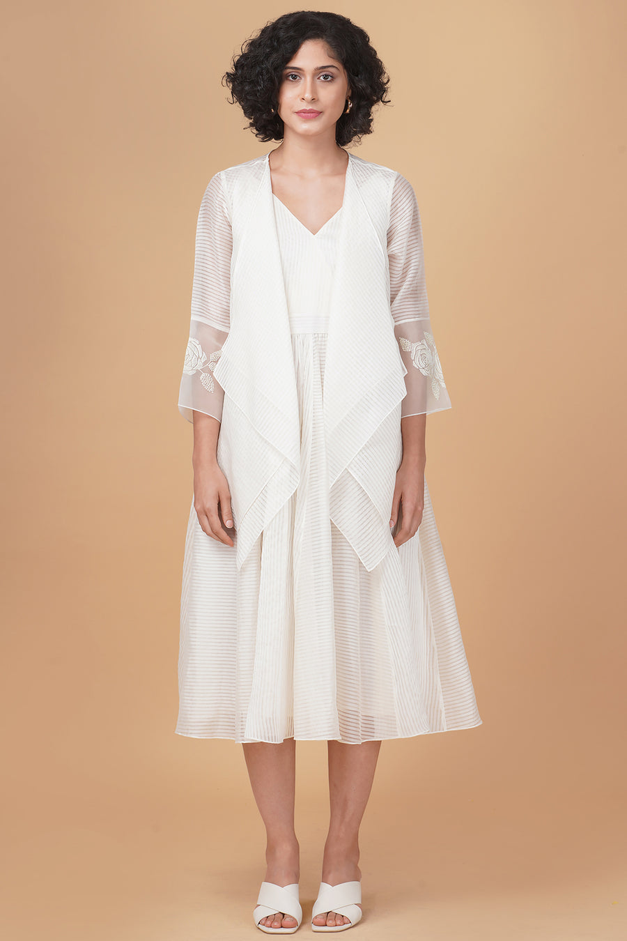 Double layer jacket with bara embroidery sleeve detail in stripe organza and solid overlap dress in stripe organza