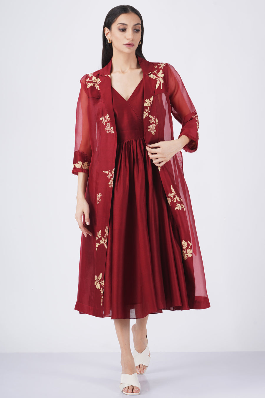 Discharge  printed organza jacket with solid overlap dress