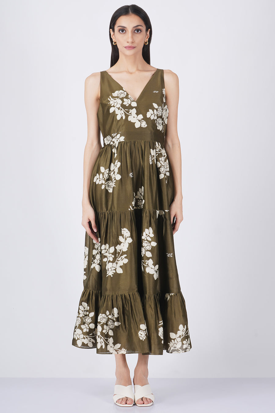 New petal discharge printed sleevles tier dress