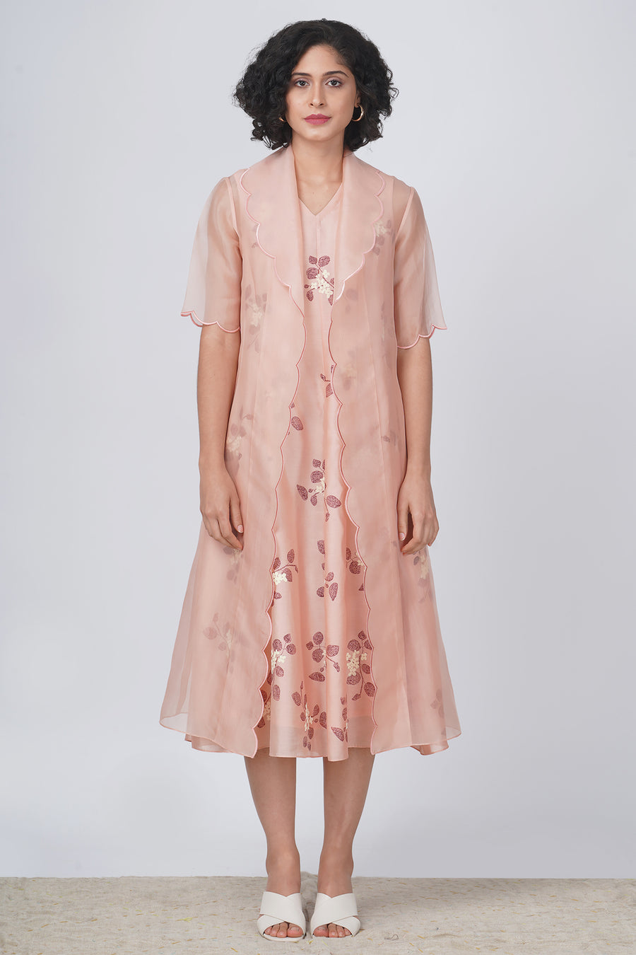 Solid organza jacket with scalloped collar sakura print dress in silk chanderi