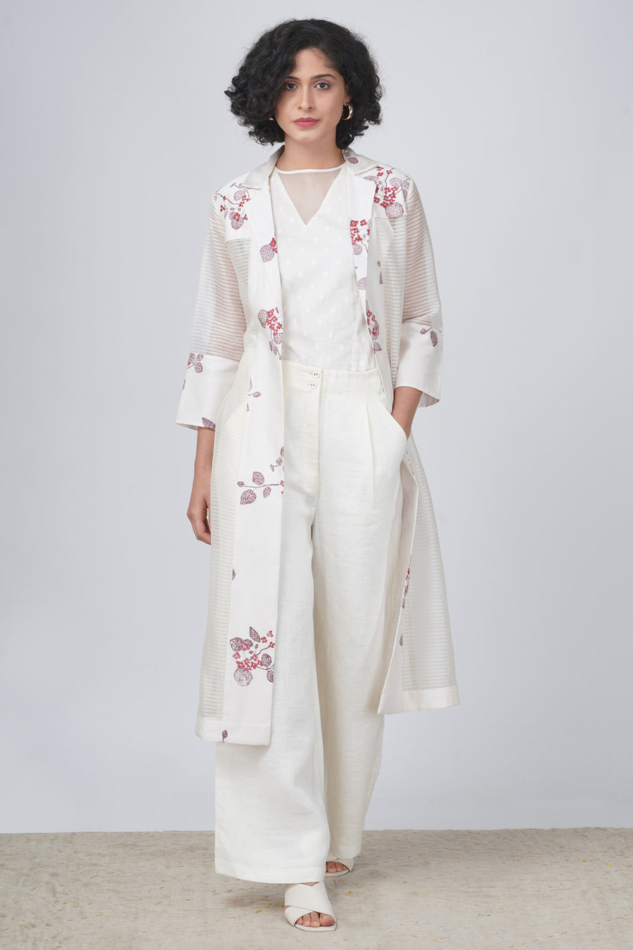 Sakura print stripe organza jacket  and flayer pant in linen