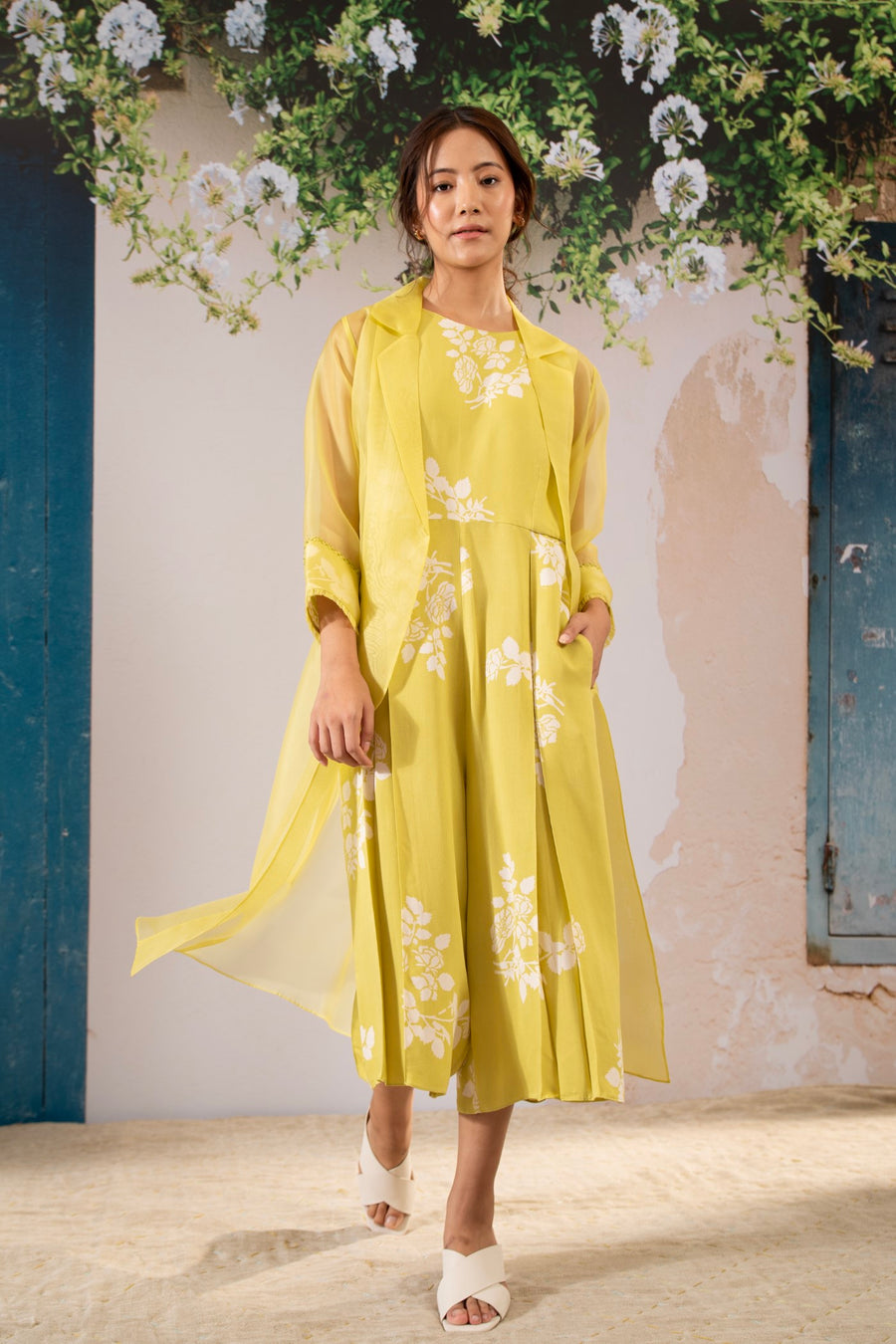 Discharge  Print  Jumpsuit And Jacket Set In Organza And Georgette Moss