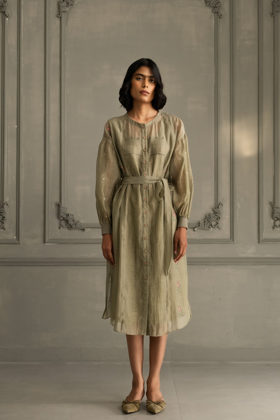 Sage Green Dress In Mul Chanderi With Belt And Hand Embroidery