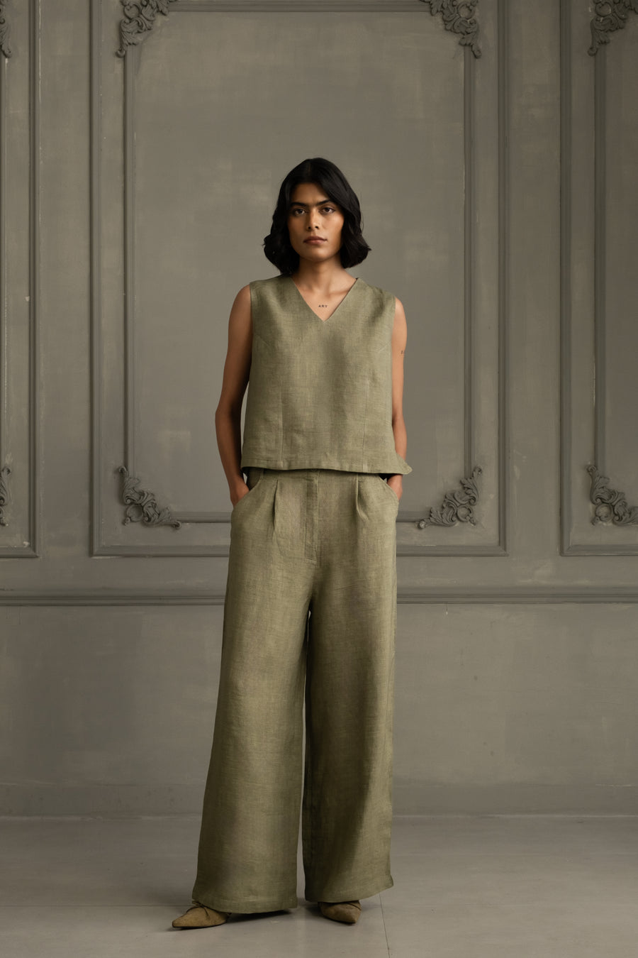 Sage Green Applique Work Embroidered Top And Flared Pant In Linen
