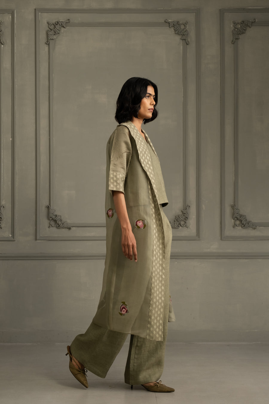 Sage Green Applique Work Embroidered Jacket With Top And Flared Pant In Linen