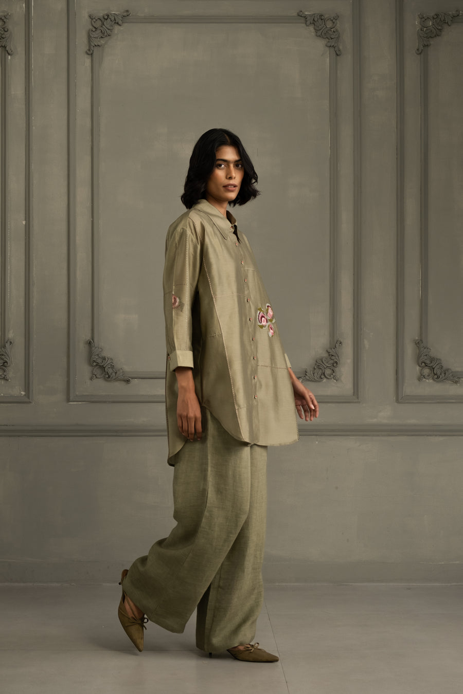 Sage Green Shirt In Silk Chanderi With Embroidery And Flared Pants In Linen
