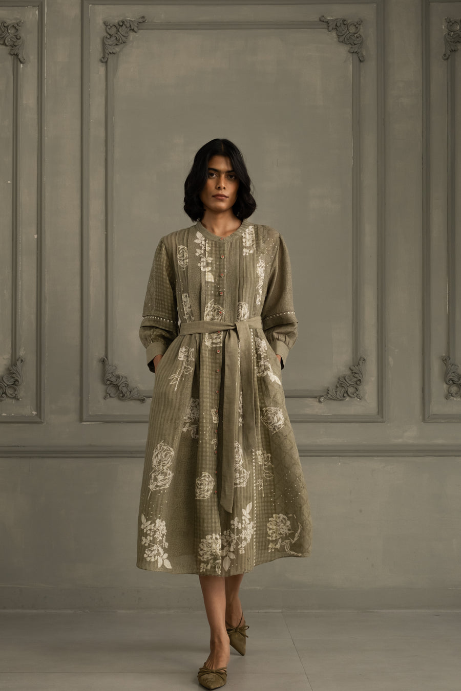 Sage Green Discharge Print Dress In Gauze Linen With Belt And Embroidery