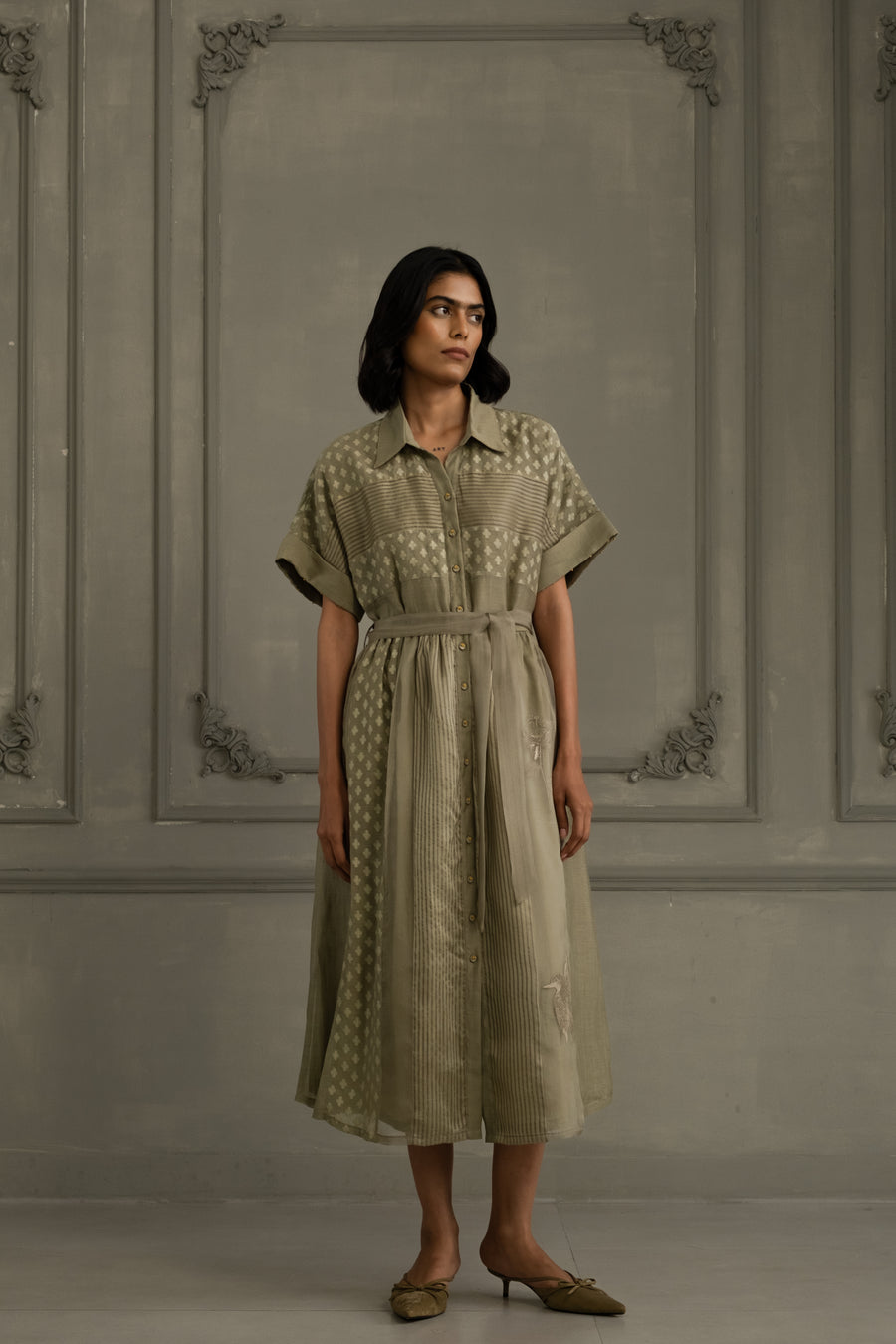 Sage Green Lace Dress With Belt And Embroidery