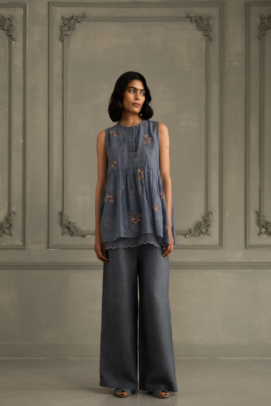 Stone Blue Top In Mul Chanderi With Embroidery