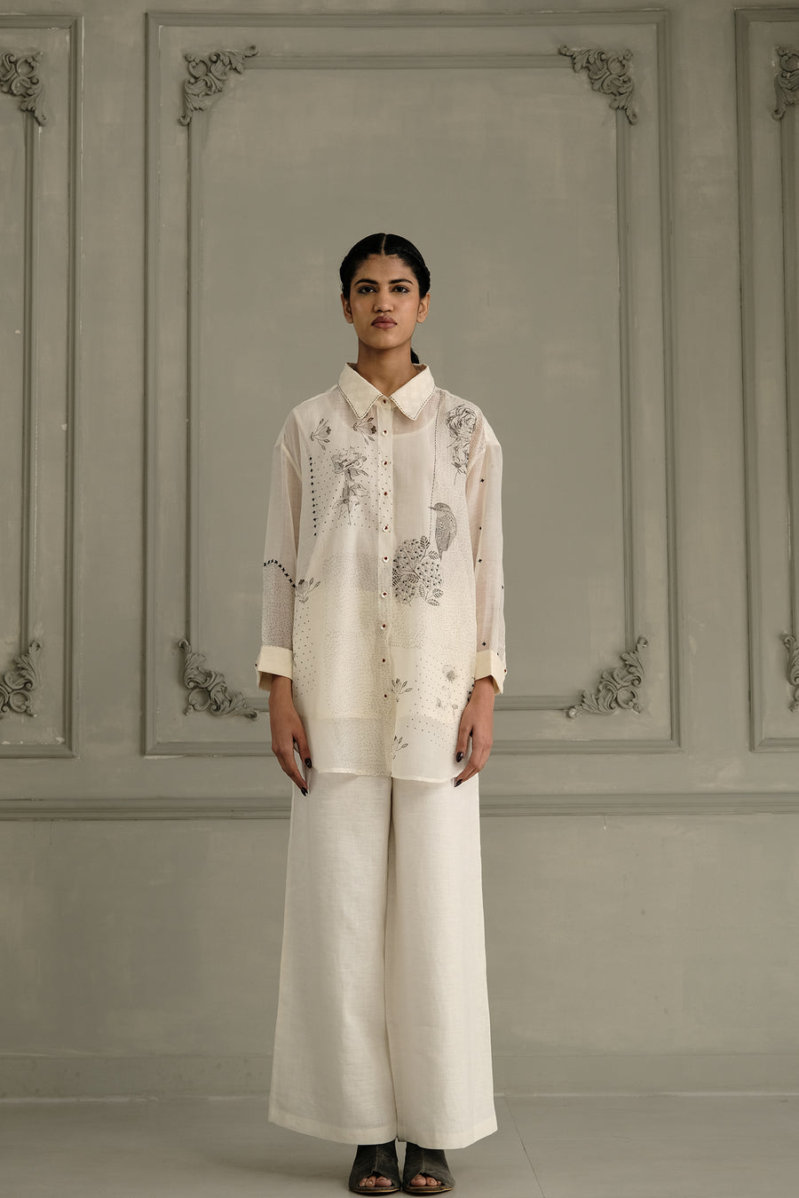Ivory Mul Chanderi Embroidered Shirt and flared pants in linen