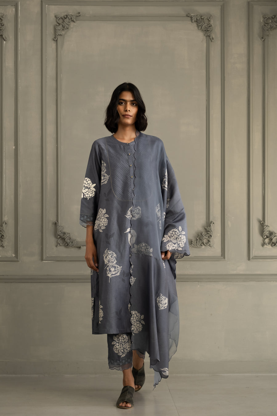 Stone Blue Discharge Print Tunic Set In Silk Chanderi With Dori Embroidery On Sleeves And Dupatta In Organza And Silk Chanderi
