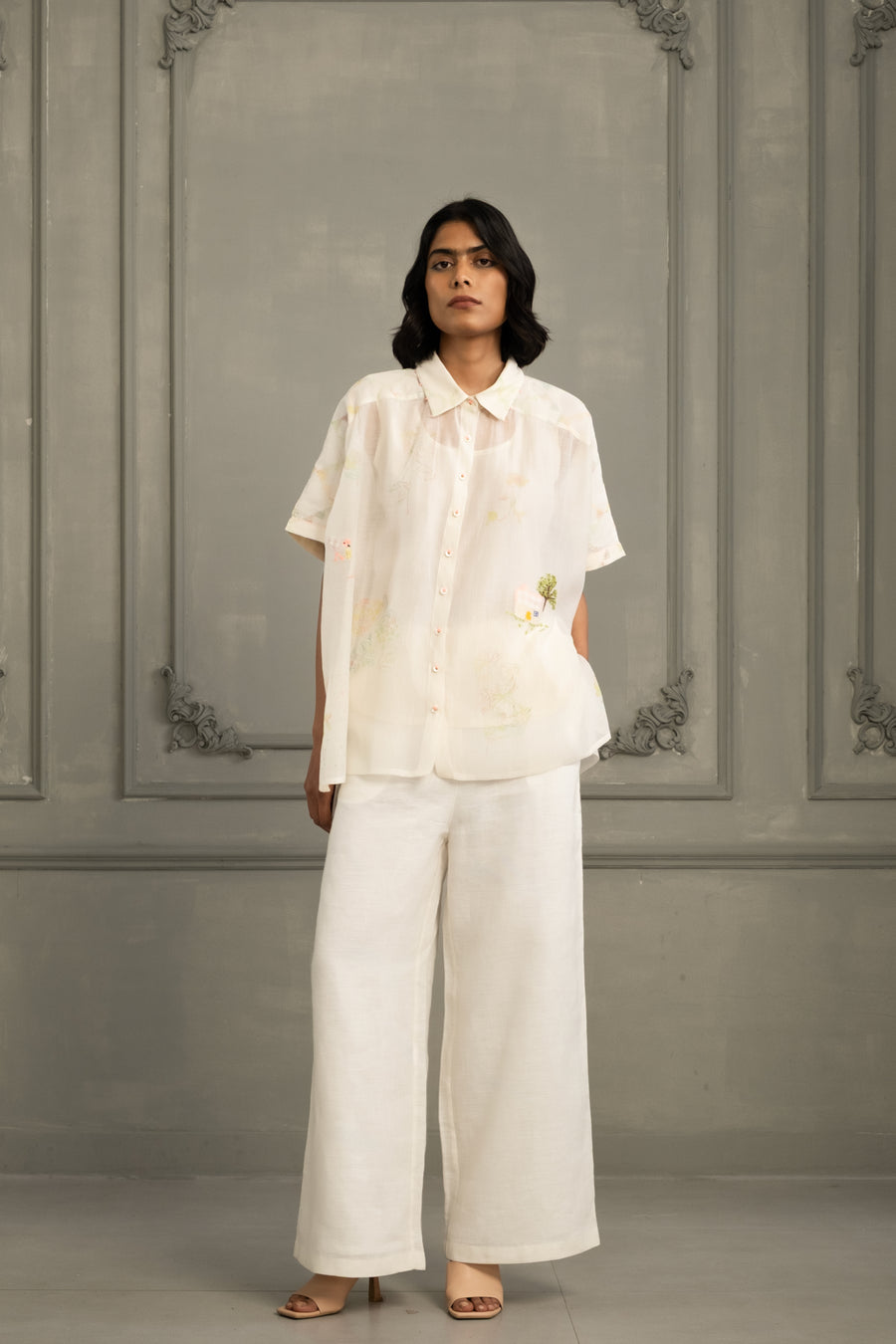 Ivory Shirt In Mul Chanderi With Embroidery
