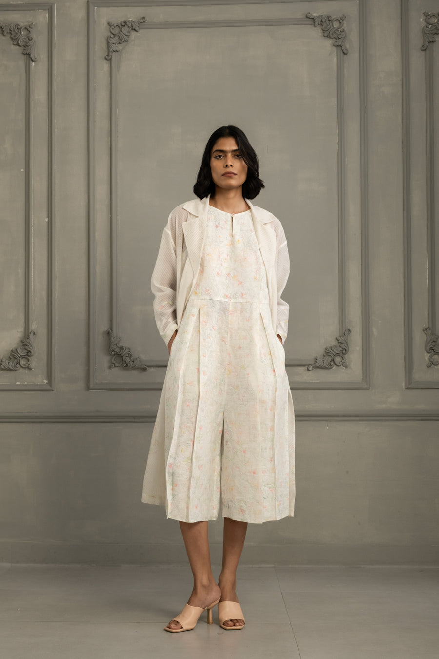 Ivory Quilting Mul Chanderi Jacket With Embroidery And Multiprint Jumpsuit In Linen