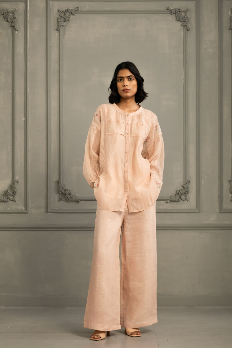Old Rose Shirt In Mul Chanderi With Embroidery And Flared Pants In Linen